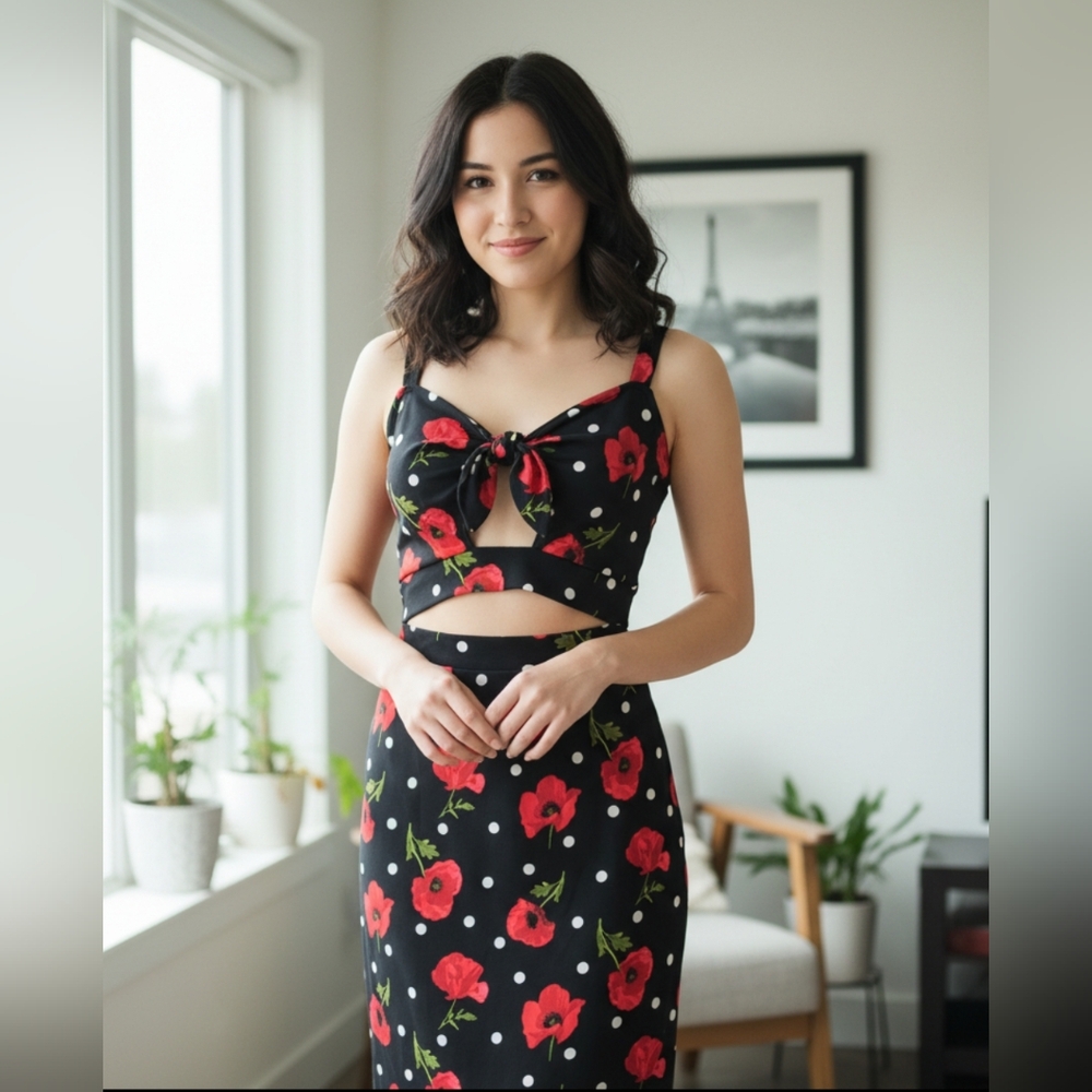 Floral Cutout Midi Dress - Black and Red